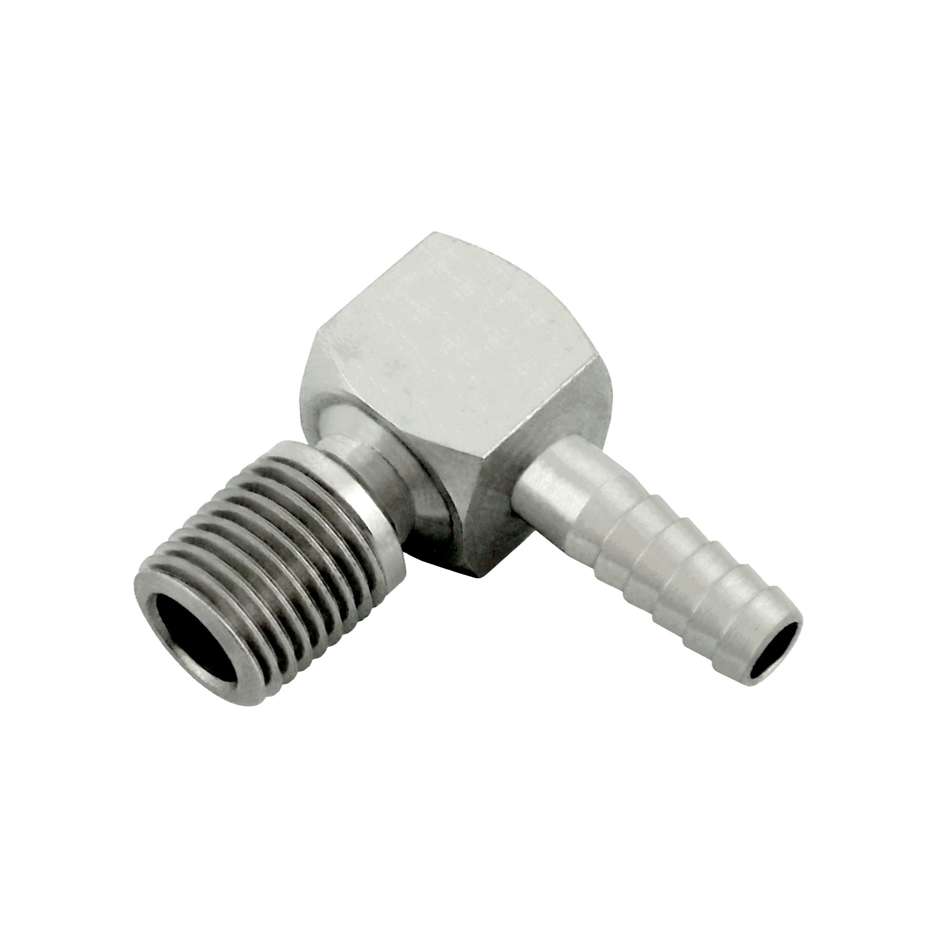 Amazing 90° Stainless Steel Adapter: 1/4in Barb to 1/4in MPT