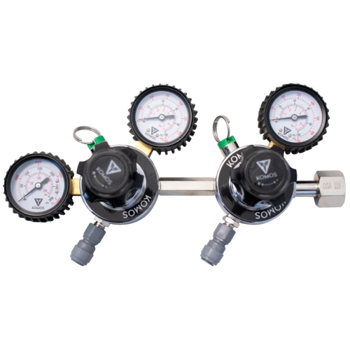 Komos® Dual Body CO2 Regulator: Serve Two Kegs at Different Pressures from One CO2 Tank!