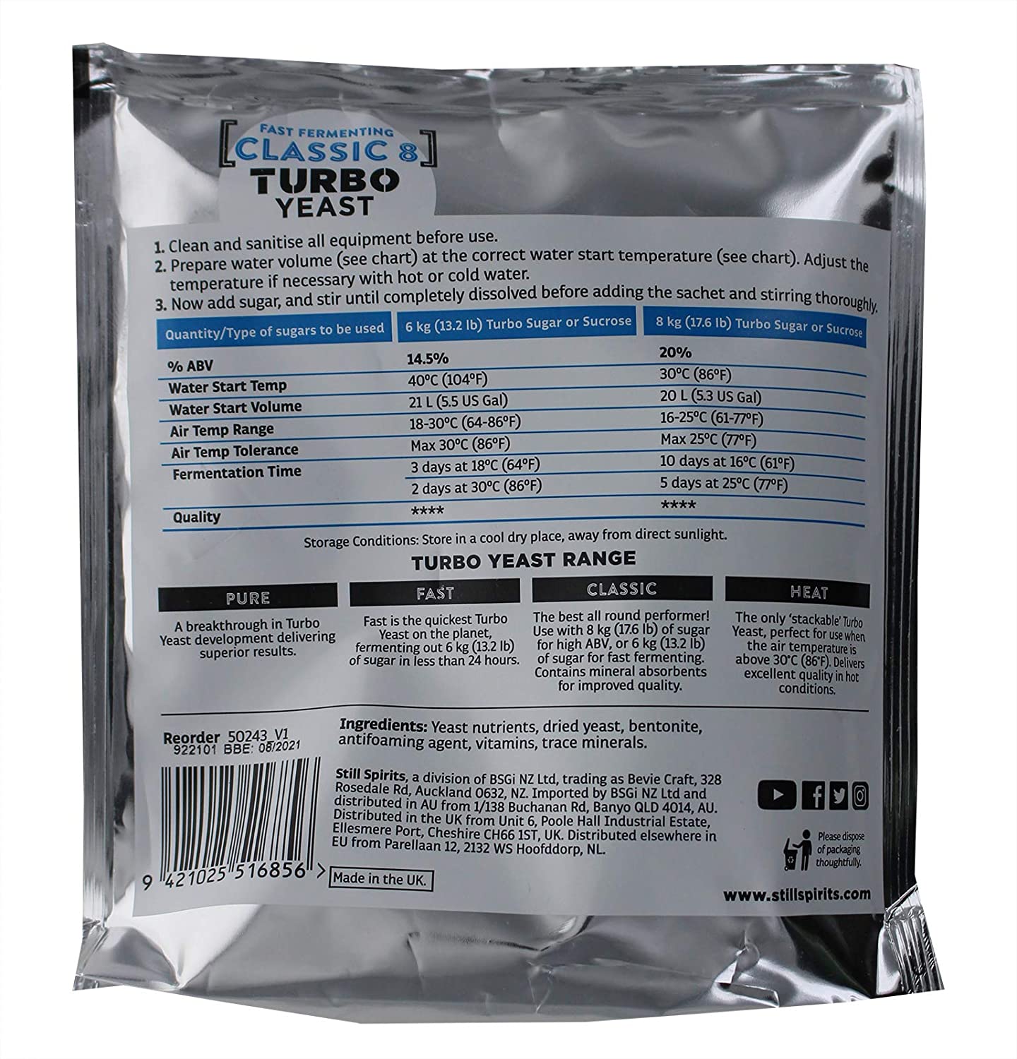 [5 PACK] Turbo Classic 8 Distillers Yeast (48 Hour) - Still Spirits: The Ultimate Fermentation Solution!