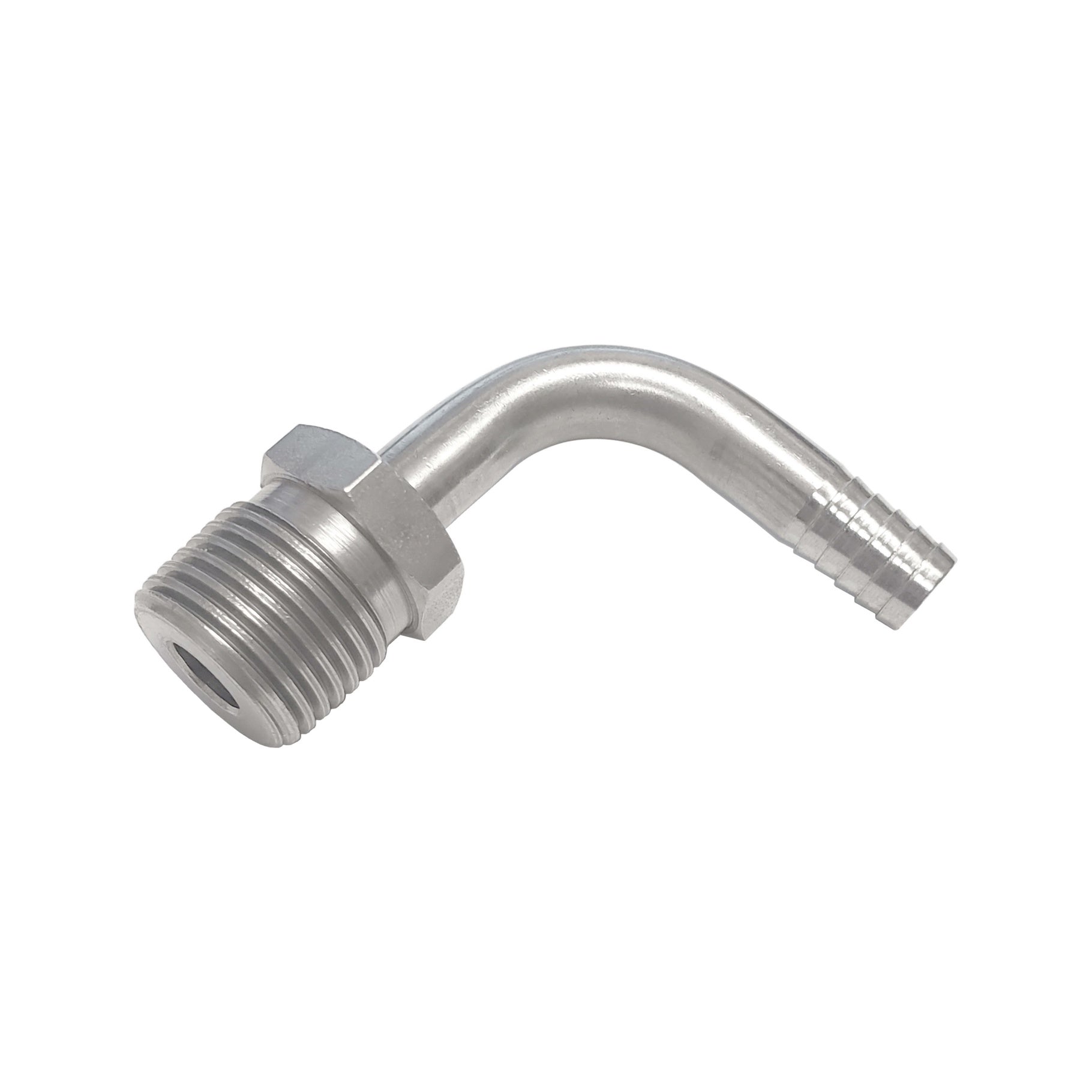 Amazing 90° Stainless Steel Adapter: 3/8in Barb to 1/2in MPT